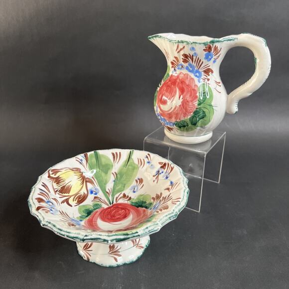 Vintage Italian Nove Rose Pitcher & Pedestal Basin - Hand-Painted Ceramic Set - Picture 1 of 16